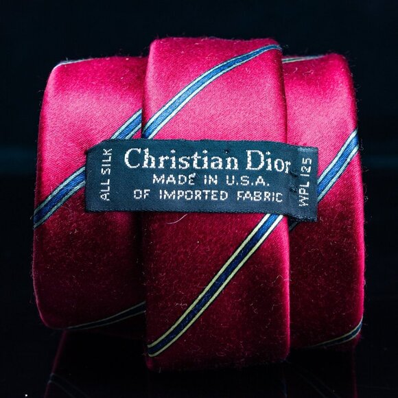 Vintage Christian Dior Red Striped Silk Tie With Blue & Gold Accents Made In USA - Picture 5 of 6